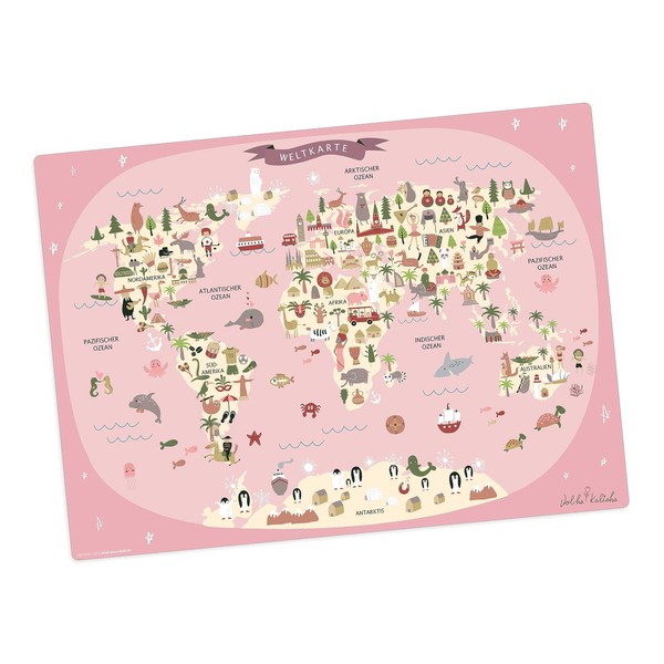 Tischset | Platzset abwaschbar – Weltkarte in rosa mit Tieren