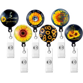 6 Pieces Retractable ID Badge Reel Holders Cute Sunflower ID Badge Reels with Alligator Clip for Office Staff,Doctor, Nurse, Student