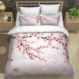 RLYXGS Bettbezug 140 x 200 cm Kinder Jugendliche Kirschblüten Bettwäsche 3D Japan Bettwäsche Set 1 Person mit Reißverschluss und 2 Kissenbezügen 3-teilig für Jungen Mädchen Erwachsene