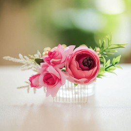 Fangsen Wedding Pink Buds Rose Flowers Floral Comb With Hair Clip Hair Accessories Floral Hair Headpiece for Brides and Bridesmaids Silvery