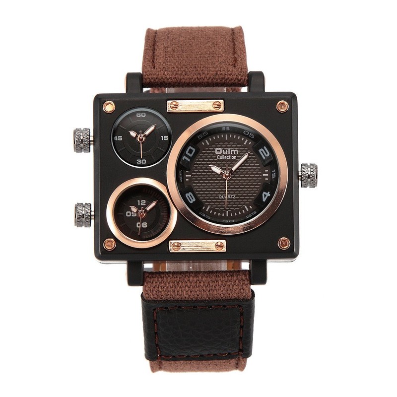Oulm 3595 Mens Watch Analog Coffee Leather Strap 3 Sub-dials
