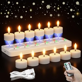 Rechargeable Flameless Tea Lights Candles with Charging Station 12Pcs Battery Tea Lights Candles with Remote & Timer LED Tealight Candles Flickering Realistic for Home Christmas Wedding Decor - White