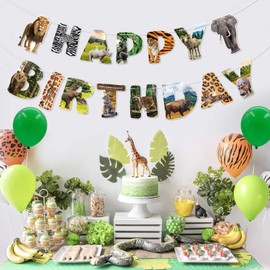 Lemicin Safari Animals Happy Birthday Banner, Wild Birthday Jungle Party Sign, Wild One Animal Themed Bunting for Tribal Boy Girl Theme Supplies Kids 1st First Bday Shower Party