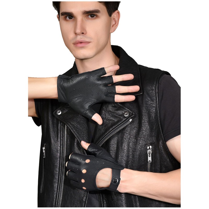 GSG Mens Fingerless Driving Riding Half Finger Leather Gloves Lambskin