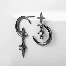 Dream Moon Star Earrings, Asymmetrical Eclipse Gothic Black Gold Earrings for Women Girls Teenagers Small Moon diamond Black Earrings