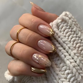Gold French Tip Press on Nails Medium Almond Fake Nails with Gold Foil Glitter Designs Nude Pink False Nails Glossy Solid Color Glue on Nails Acrylic Artificial Stick on Nails for Women Girls 24Pcs