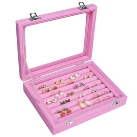 Vicoter Rings Organizer Tray 7 Slots Velvet Jewelry Earring Storage Box with Transparent lid Jewelry Display Case for Girls Wife Mom Women (Pink)