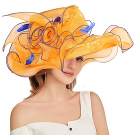 Women Party Church Derby Top Hats Organza Sun Visor Cap Ladies Flowers Fascinators Big Wide Brim Fedoras, Orange 3, Medium
