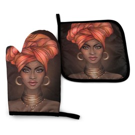 Abucaky African American Black Woman Oven Mitts and Pot Holders Insulated Gloves & Kitchen Counter Safe Mats for Cooking BBQ Baking Grilling (2-Piece Set)