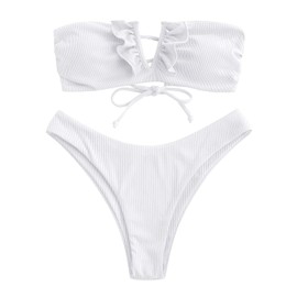 ZAFUL Women's Strapless Ribbed V Wired Lace Up Ruffle Tie High Cut Bandeau Swimsuits Bikini Set(0-White, S)