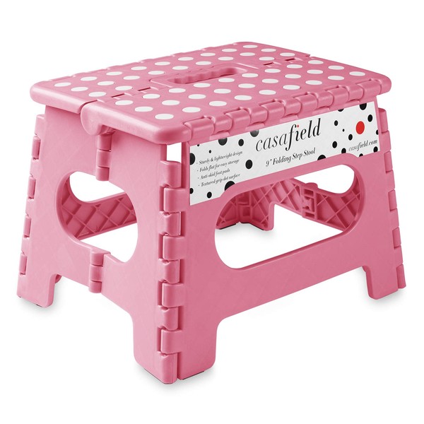 Casafield 9" Folding Step Stool with Handle, Pink - Portable Collapsible Small Plastic Foot Stool for Kids and Adults - Use in The Kitchen, Bathroom and Bedroom