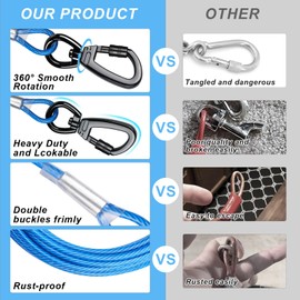 Dog Tie Out Cable with 360° Swivel Lockable Hook and PVC Coating, 10ft 15ft 20ft 25ft 40ft 60ft 120ft Reflective Dog Lead Line, Galvanized Steel Wire Rope for Small Medium Pet Up to 60, 120, 250 lbs