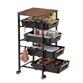 Landmok 5-Tier Kitchen Storage Cart, Wood Top Rolling Cart Organizer with Pull-Out Baskets & Wheels, Metal Snack Cart with Holder for Fruit, Vegetable, Microwave, Kitchen, Pantry, Black