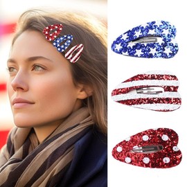 3PCS 4th of July Hair Clips Red White and Blue Patriotic Hairpins Hair Barrette Glitter Sequin Sparkly Design USA Flag Star Stripe Snap Clips for Independence Day Memorial Theme Party Hair Accessories