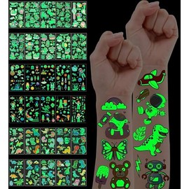 More than 300 patterns (30 photos) of children's luminous tattoos, mixed style temporary tattoo stickers, including dinosaur/space/animal patterns, suitable for boys and girls, luminous party supplies