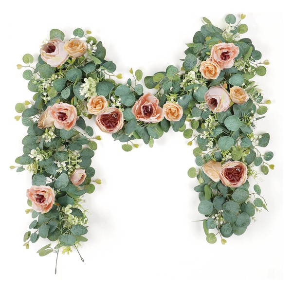 ROSYLEVE Pack of 2 Eucalyptus Garland with Flowers, Artificial Peonies,