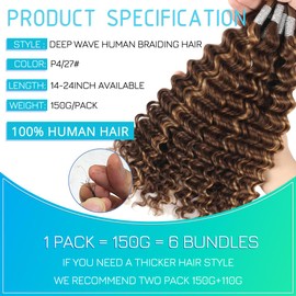 Human Braiding Hair 14 Inch 6 Bundles Human Hair Braiding Hair No Weft Deep Wave Bulk Human Hair for Braiding Hair Extensions for Boho Braids Wet and Wavy 150g P4/27#