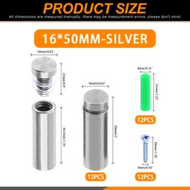 Rustark 12 Sets 5/8" x 2" Silver Stainless Steel Standoff Screws Advertising Mounting Hardware Wall Mount Glass Standoff Holder for Hanging Acrylic Signs Glass Panel Advertising (16mm Dia. x 50mm L.)