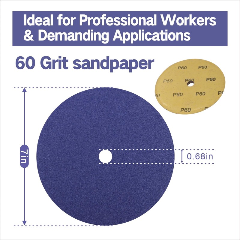 JLD 7" Sanding Disc, 60 Grit Blue Zirconia Sticky, for