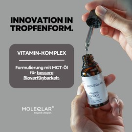 MoleQlar Vitamin D3 K2 Drops - 1000 IU Vitamin D3 + 20 μg All-Trans Vitamin K2 M-K7 - Highly Bioavailable Thanks to MCT Oil - Vegetarian, Gluten-Free & No Additives - Vitamin D3-K2 Oil