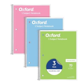 Cuadernos en espiral Oxford, paquete de 3, 1 materia, cuadernos universitarios rayados para la escuela, 8 x 10.5 pulgadas, 70 hojas, colores pastel...