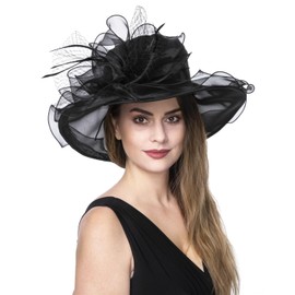 Women's Organza Church Kentucky Derby British Fascinator Bridal Tea Party Wedding Hat Summer Ruffles Cap(Hj23-Black)