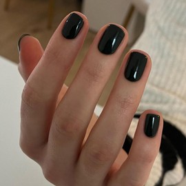 Ceboic 24Pcs French False Nails Short Square Press on Nails Glossy Black Pure Color Full Cover Stick on Nails Acrylic Glue on Nails Natural Fake Nails for Women and Girls Manicure Art Decorations