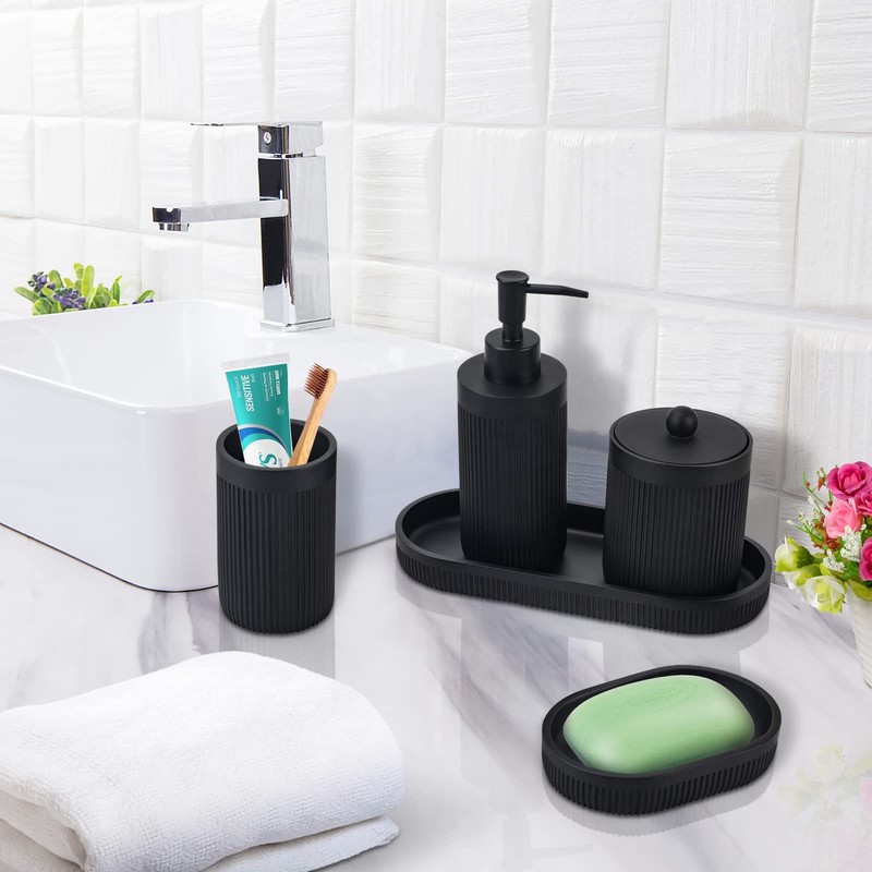 Bathroom Accessory Set 5Pcs-Lotion Soap Dispenser,Toothbrush Holder,Qtip Holder Dispenser,Vanity Tray