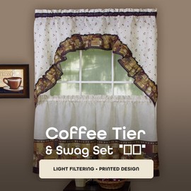 ACHIM Embellished Tier and Swag Window Curtain Set - 57 Inch Width, 24 Inch Length - Coffee - Light Filtering Polyester Drapes for Kitchen, Bedroom, Living & Dining Room Home Decor