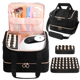 Veirdro Veirdro Nail Polish Organizer Bag Holds 50 Bottles (15ml/0.5fl.oz)& Nail Lamp, Soft Velvet Nail Kit Storage Carrying Case with Shoulder Strap, Double Layer Nail Supplies Organizer Handbag Women Black