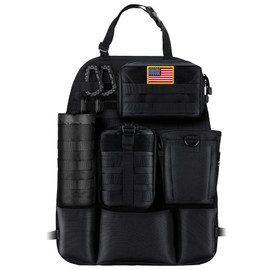 IronSeals Car Seat Back Organizer with 4 Molle Pouches, Universal Tactical Sag Proof Vehicle Seat Cover Protector with EMT Pouch Admin Pouch Water Bottle Pouch Drawstring Bag