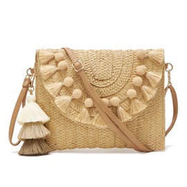 WEIMZC Small Straw Purse for Women Summer Clutch Purses Beach Woven Envelope Bag Raffia Shoulder,Straw Crossbody Bag boho(Bobbles Brown)