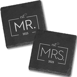 Custom Table Coasters for Drinks Set of 2 | Engraved Square Slate Cup Coasters | Mr and Mrs Wedding Gifts for Couples 2025, Bridal Shower, Housewarming Gifts for Newlyweds