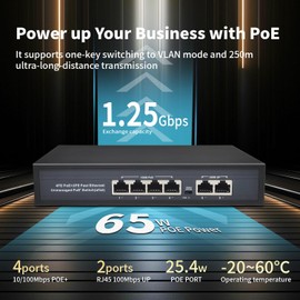 BLIYEE 6-Port Ethernet Unmanaged PoE Switch, 4 PoE+ Ports@65W, 2*100M Uplinks | 250m Extend Mode | Fanless Sturdy Metal | Plug and Play | Desktop or Wall Mount, Black
