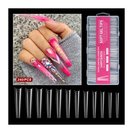 Long Nail Tips, Set of 240, Transparent, Super Long, Clear Nail Tips, Gel Nails, Commercial Use, Practice Use, Nail Art, with Case (Square, 3)