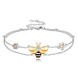 DAYLINLOVE Bee Bracelet 925 Sterling Silver Double Layered Chain Bee Jewellery Gifts for Women