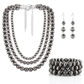 KOSMOS-LI Western Style Three Layer Necklaces Bracelet Earrings Faux Navajo Grey Color Beaded Women Jewelry Sets