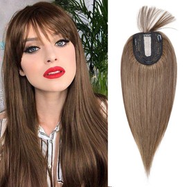 Silk-co Hair Topper Real Hair with Long Fringe, Toupee Women's 10 x 12 cm Base, Hair Topper Real Hair with Remy Silk Base, Hair Topper Clip-In Hairpiece Extensions, 35 cm 4P27# Medium Brown and Dark