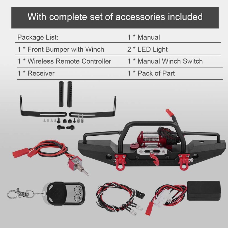 Front Bumper, RC Crawler Aluminum Bumper Mount with Winch, LED