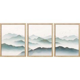 SIGNWIN Framed Watercolor Mountain Wall Art, Set of 3 Green Pastel Range Wall Decor Prints, Nature Wilderness Wall Décor for Living Room, Bedroom - 8"x10" Natural