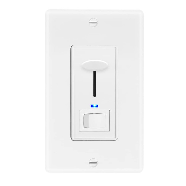 Maxxima Dimmer Electrical Light Switch - Featuring Blue Indicator Light, LED Compatible, 3-Way/Single Pole Use, 600 Watt Max, Dimmable Lamp and Lighting Control, Wall Plate Included - White