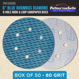 ProductionShop Premium 80 Grit 6" Rhombus Diamond Shape Blue Sanding Discs, 6-Hole, Box of 50 - Hook & Loop Anti-Clogging J-Cloth Dustless Sandpaper for Random Orbital Sanders, Sand Auto Paint, Wood