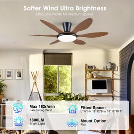 Ceiling Fans with Lights, 51 inch Modern Low Profile Ceiling Fan with Light and Remote App Control, Flush Mount, Quiet DC Reversible, Dim Led Ceiling Fan 6 Blade Softer Wind Indoor/Outdoor Patio Brown