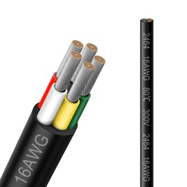 16 Gauge 5 Conductor Electrical Wire, 50FT 2464 16AWG 5 Wire Cable Black PVC Stranded Tinned Copper, 16/5 Cord Extension Low Voltage Cable