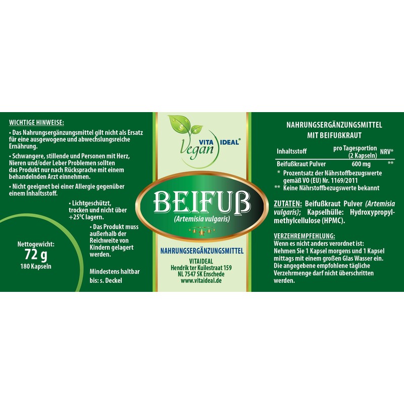 Vitadeal Vegan® Mugeat Herb (Artemisia vulgaris) 180 Capsules, Each 370