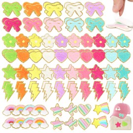 Self-Adhesive Chenille Patches for Girly Bags: NICEVINYL 116PCS Multicolor Flower Star Heart Cute Patch Embroidered Stick on - Lighting Rainbow Sticker Applique for Clothing Fabric Backpack Decor