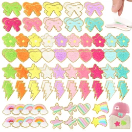 Self-Adhesive Chenille Patches for Girly Bags: NICEVINYL 116PCS Multicolor Flower Star Heart Cute Patch Embroidered Stick on - Lighting Rainbow Sticker Applique for Clothing Fabric Backpack Decor