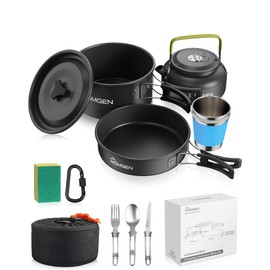 HOMGEN 12pcs Ultralight Anodized Aluminum Camping Cookware Set for 2 People - Nesting Pot/Pan with Foldable Handles 800ml Insulated Teapot & Stainless Cups- Compact Backpacking Gear for Camping Hiking