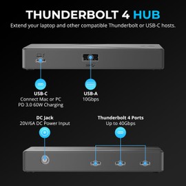 SABRENT Thunderbolt 4 Hub, 60W Charging USB-C Dock for Laptops, 3X TB4 + 1x USB-A, Supports Dual 4K@60Hz or 8K@60Hz Display, Certified TB4 Cable, macOS/Windows Compatible (HB-TBT4)