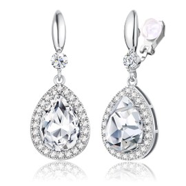 THUNARAZ Elegant Clip on Earrings for Women Sparkling Teardrop Dangle Clip Earrings Non-Pierced Clear Rhinestone Cubic Zirconia Wedding Prom Jewelry Silver Tone